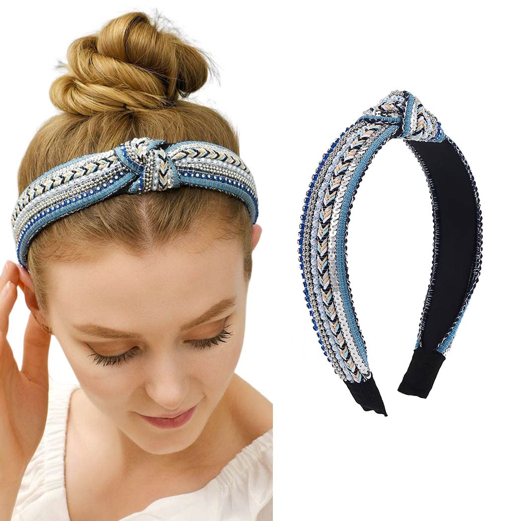 Zoestar Diademas de rayas con cristales anudados para el cabello, con cadena de perlas, vintage, elegante, accesorios para el cabello para mujeres y niñas (estilo 1)