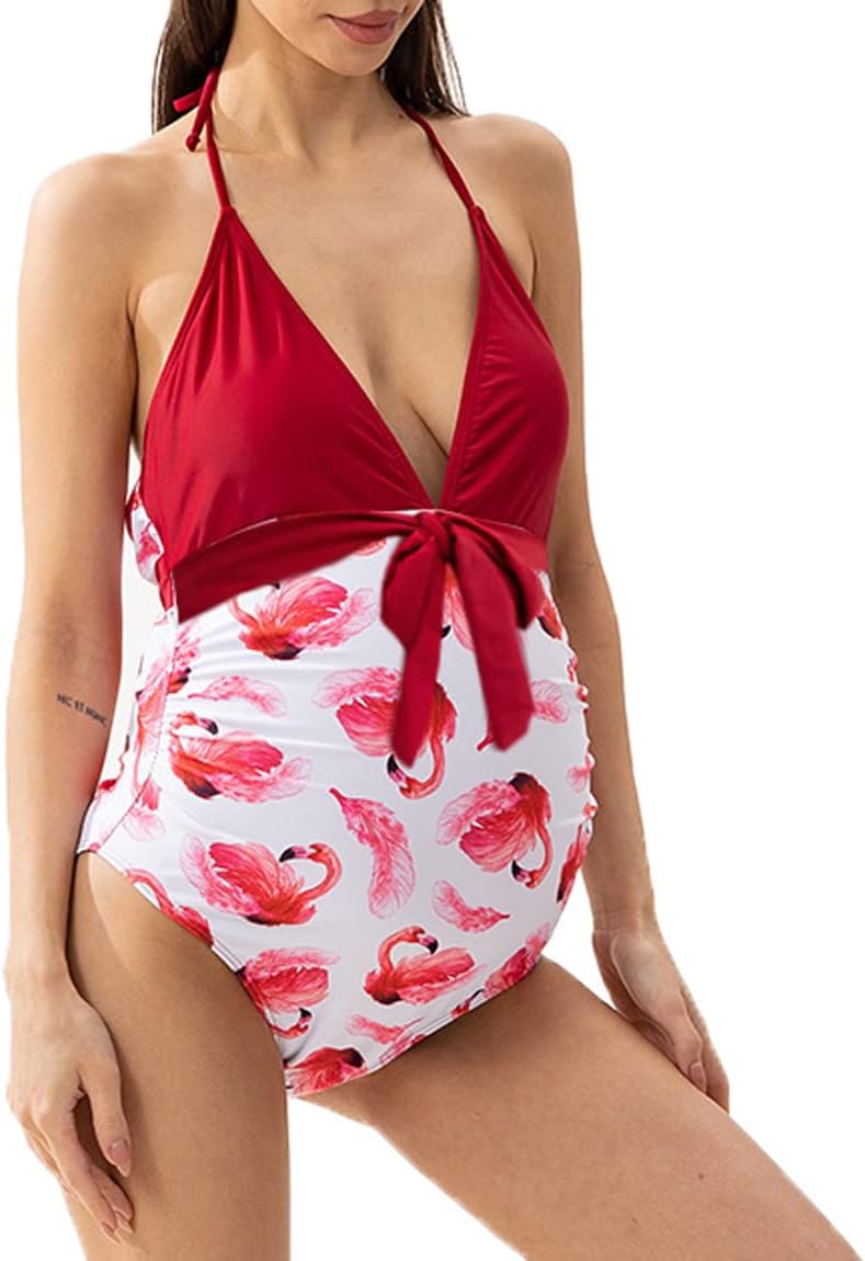 LANGWEI Maternity Bikini One Piece Swimsuit Sexy V Neck Ruched Tummy Pregnancy Bathing Suit Beachwear