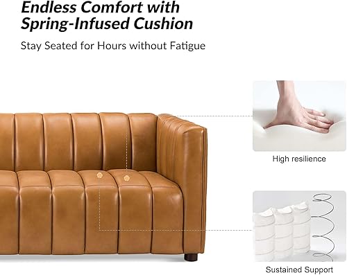 Miniatura 3 de HULALA HOME 83" Genuine Leather Sofa with Channel Tufted Design, 3-Seater Sofa for Living Room Bedroom, Modern Oversized Couch with Wood Legs, Camel