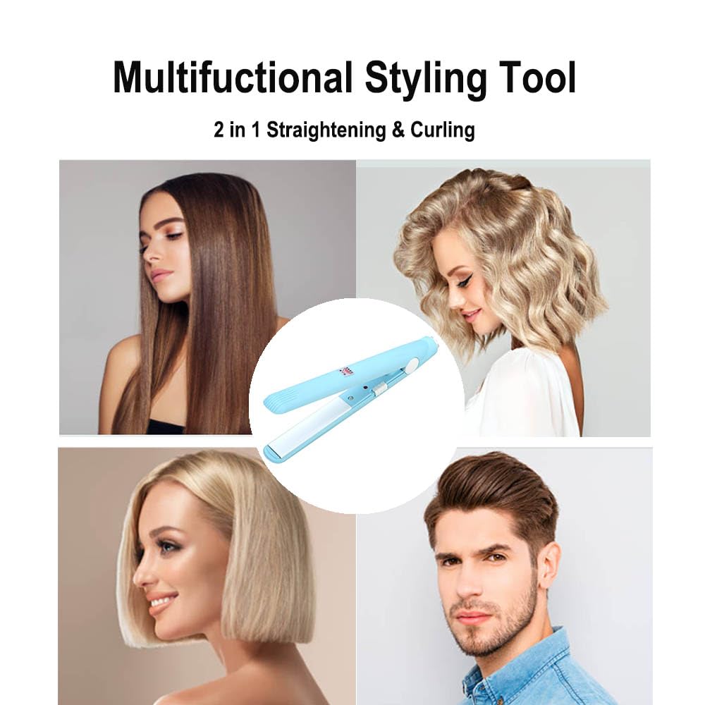 Mini Hair Straightener for Short Hair,Travel Straighteners and Curlers in One for Women Men Styling (Blue) - Image 3