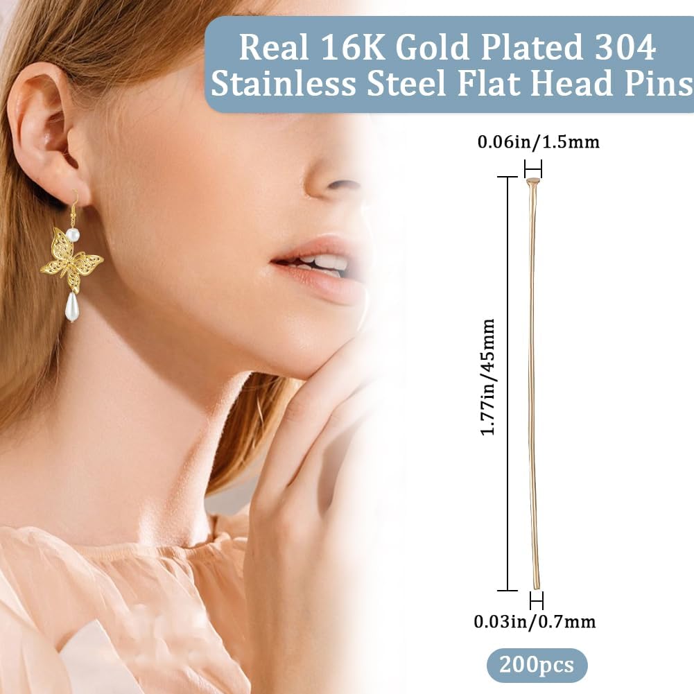 Beebeecraft 1 Box 200Pcs 45mm Flat Headpins 16K Gold Plated Stainless Steel Flat Head Jewelry Making Pins 21 Gauge Bendable Wire Pin for Jewellery Earring DIY Craft