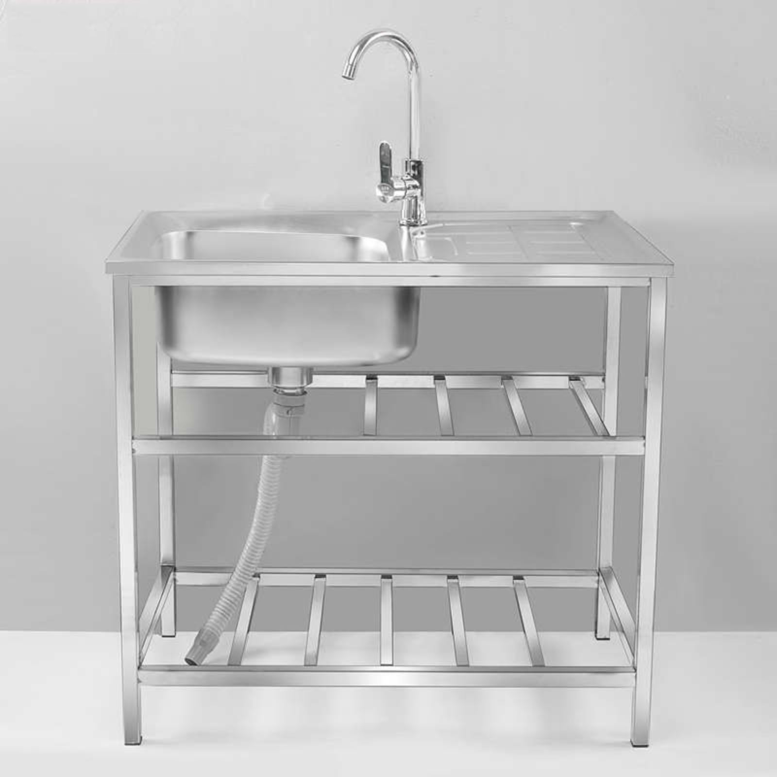 Outdoor Utility Sink For Washing, Freestanding 304 Stainless Steel Single Bowl Sink,Restaurant Kitchen Workstation W/Faucet & Drain and Storage Shelves,for Laundry/Garage/Kitchen/Bar/Backyard (Size :