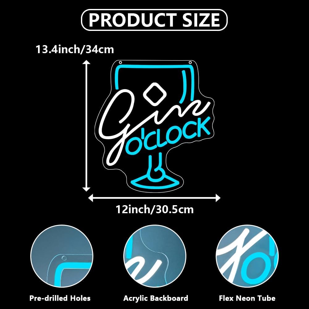 Bar Neon Sign, Cocktails LED Neon Light Signs for Wall Decor Gin O‘clock LED Light up Sign for Party Home Bar Pub Night Club Bistro Man Cave Decoration USB Powered(13.4"*12")
