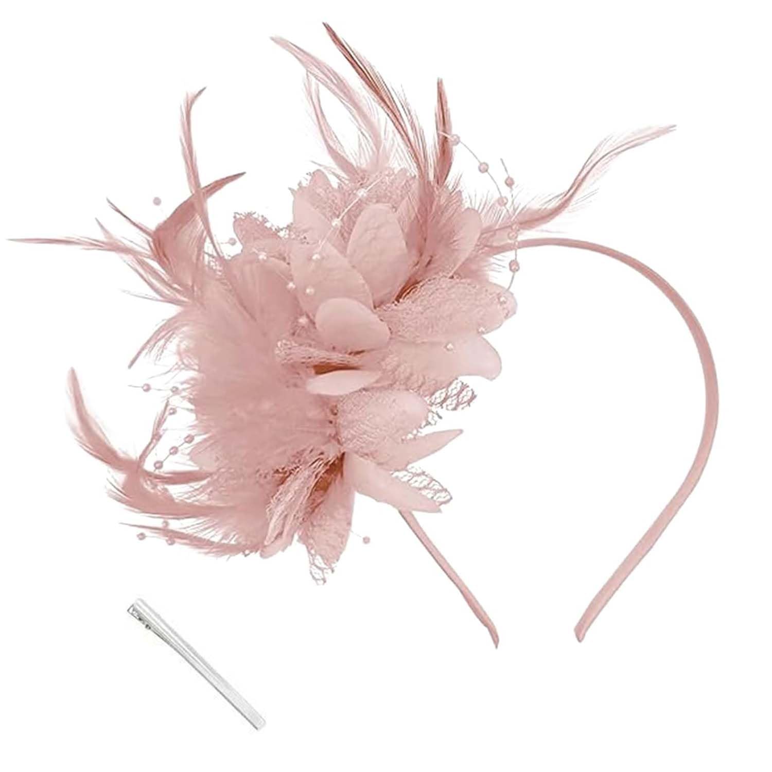 Fascinators for Weddings, Elegant Pink Fascinator, Vintage Mesh and Fabric Feather Fascinator Hat, for Weddings, Women, Tea Party, Bridal Shower, Church, Cocktail and Special Events