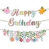 Lovarywow Flower Birthday Decorations, 3PCS Floral Birthday Party Banners Garland Decor No-DIY, Wildflowers Garden Themed Party Supplies Decor for Women