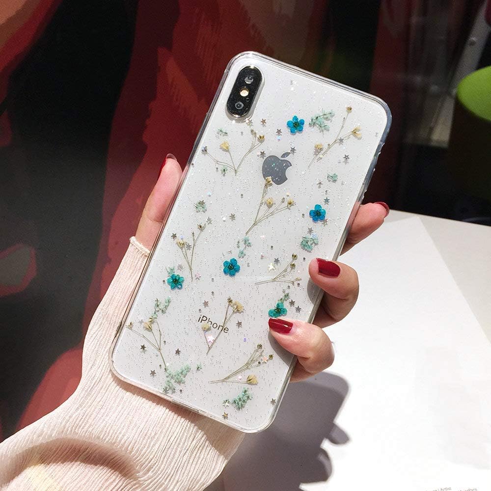 Compatible with XR Case, Soft Clear Flexible Rubber Pressed Dry Real Flowers Cover -Blue
