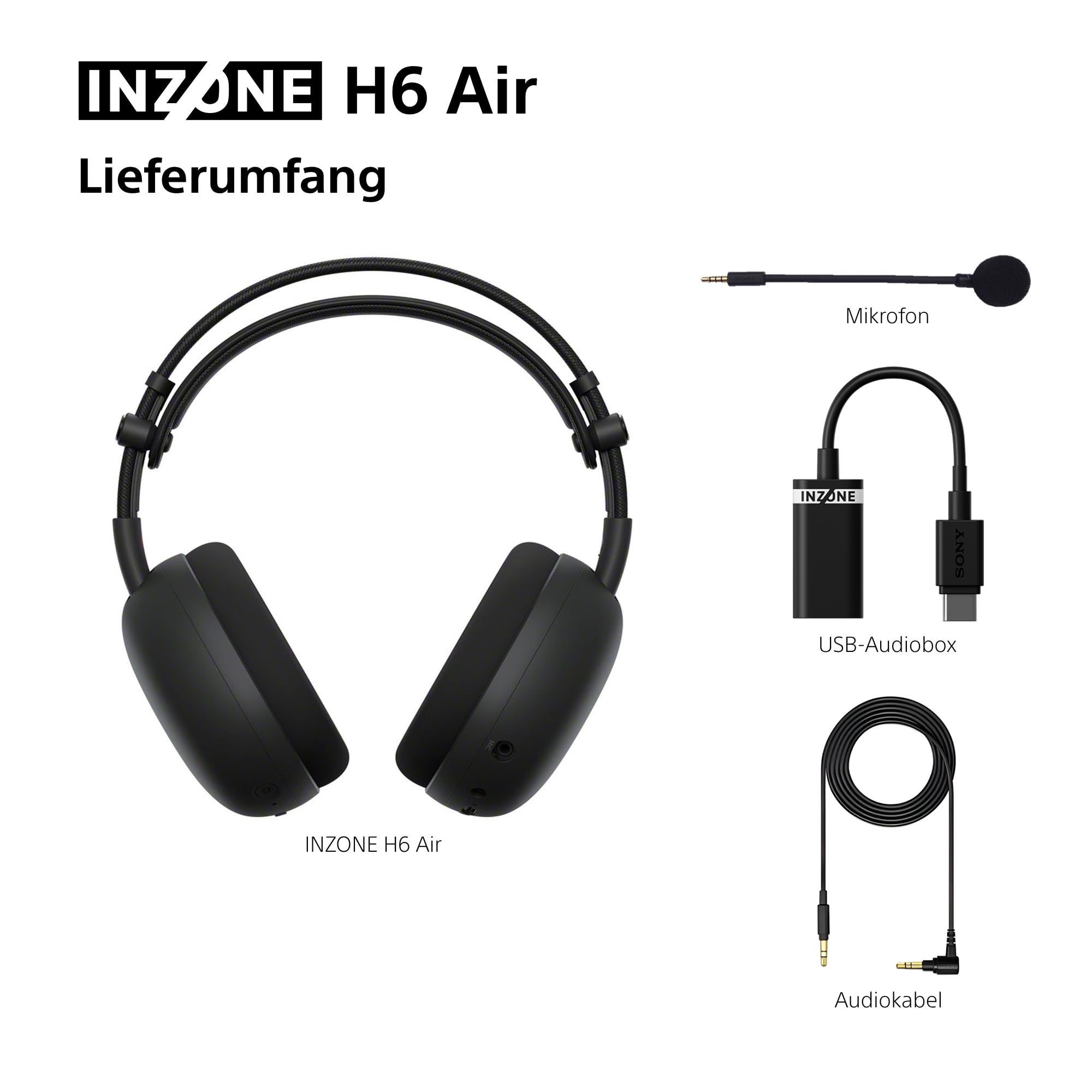 Sony INZONE H6 Air – kabelgebundenes Open-Back-Gaming-Headset – 360 Spatial Sound für Gaming, ultraleichtes 199 g-Design, abnehmbares Bügelmikrofon, Einstellbarer EQ via INZONE Hub – PC/PS5, Schwarz