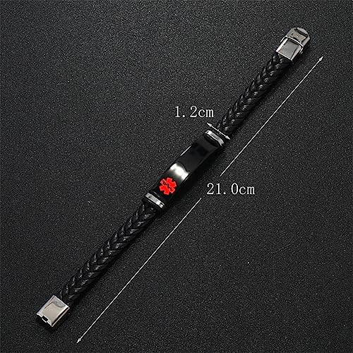 Free Engraving Braided Leather Medical Alert Wristband Sos ICE Personalized Customized Medical ID Bracelet Awareness Emergency for Men Women with Medic Insert Wallet Card,8.27''2