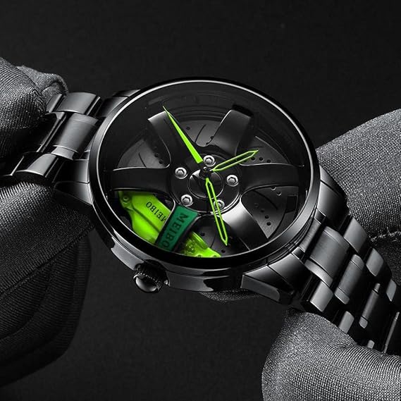 Men's Sports Watch 3D Hollow Wheel Design Stainless Steel Watch Waterproof Car Wheel Watches