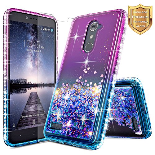 NageBee Glitter Liquid Case Compatible with ZTE ZMax Pro/ZTE Carry (Z981) / Blade X Max (Z983) w/[Tempered Glass Screen Protector] Quicksand Floating Flowing Sparkle Bling Diamond Cute Case -Blue