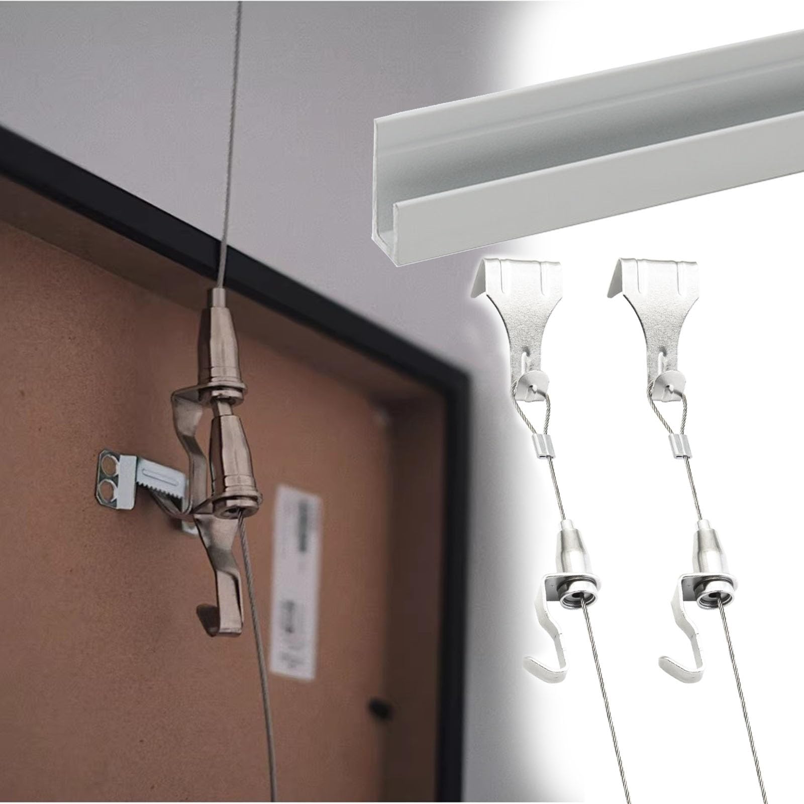 Adjuble Silver zestaw szyn do ekspozycji zdjęć – stop aluminium 114 cm z 2 stalowymi kablami i obręczą do dzieł sztuki, galerii, dekoracji domu - łatwe zawieszenie Solut