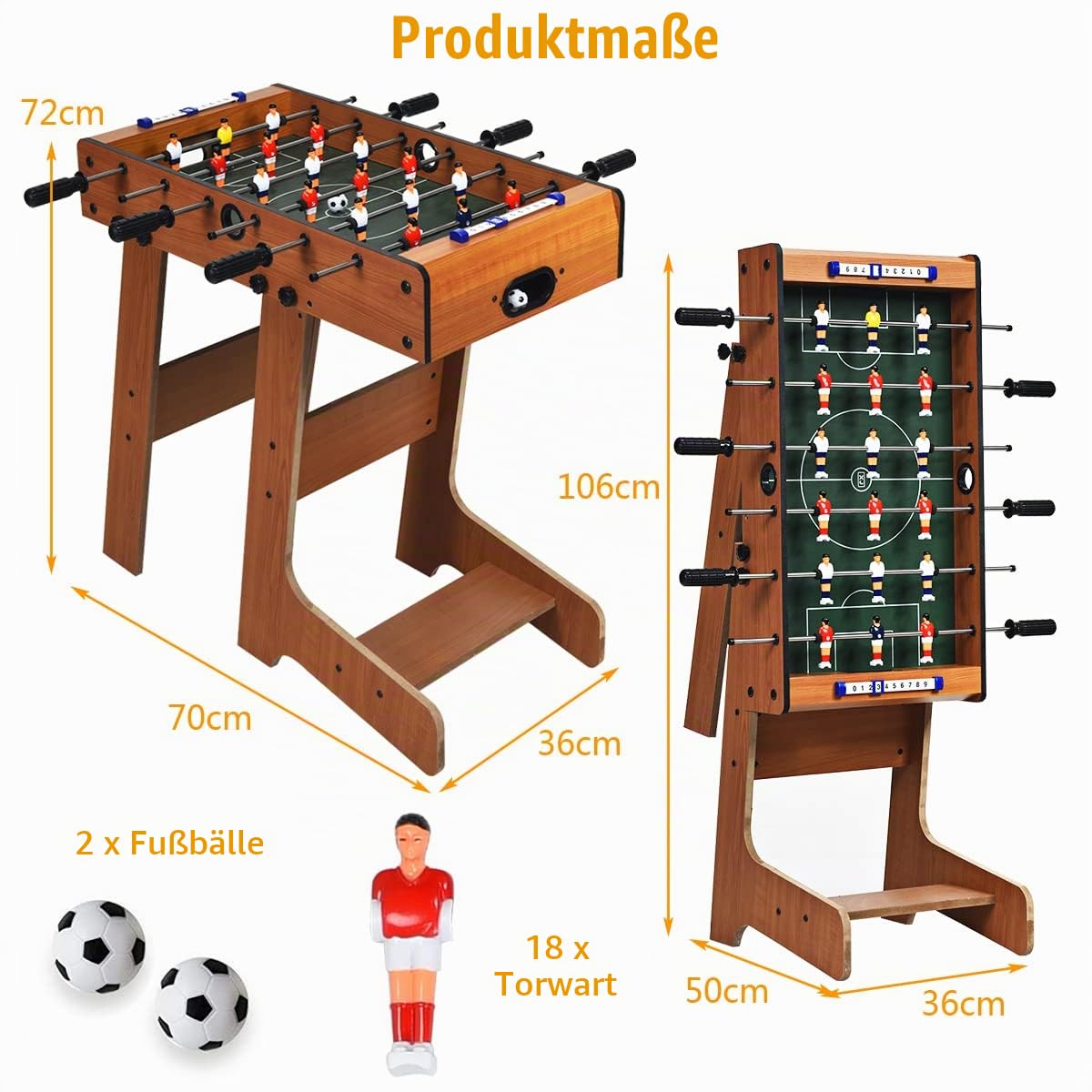 DREAMADE Kickertisch klappbar, Tischkicker inkl. 2 Bällen und 18 Spielfiguren, Stabiler Fußballtisch aus Holz, Fußball-Spieltisch für Kinder und Erwachsene, für Spielzimmer, Partys, Holzfarbe