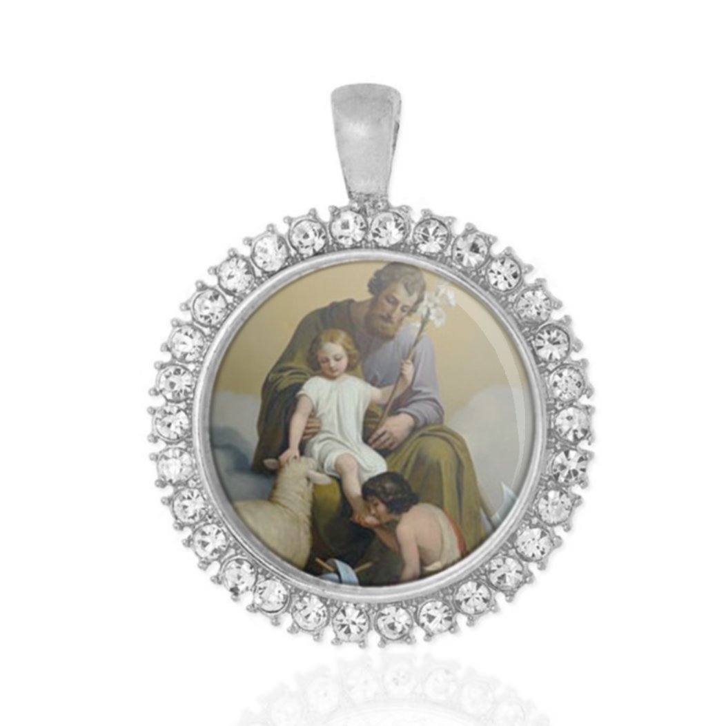 St Joseph And Jesus With John The Baptist Melchior Paul Von Deschwanden Religious Round Medal Silver Tone Pendant with Rhinestones