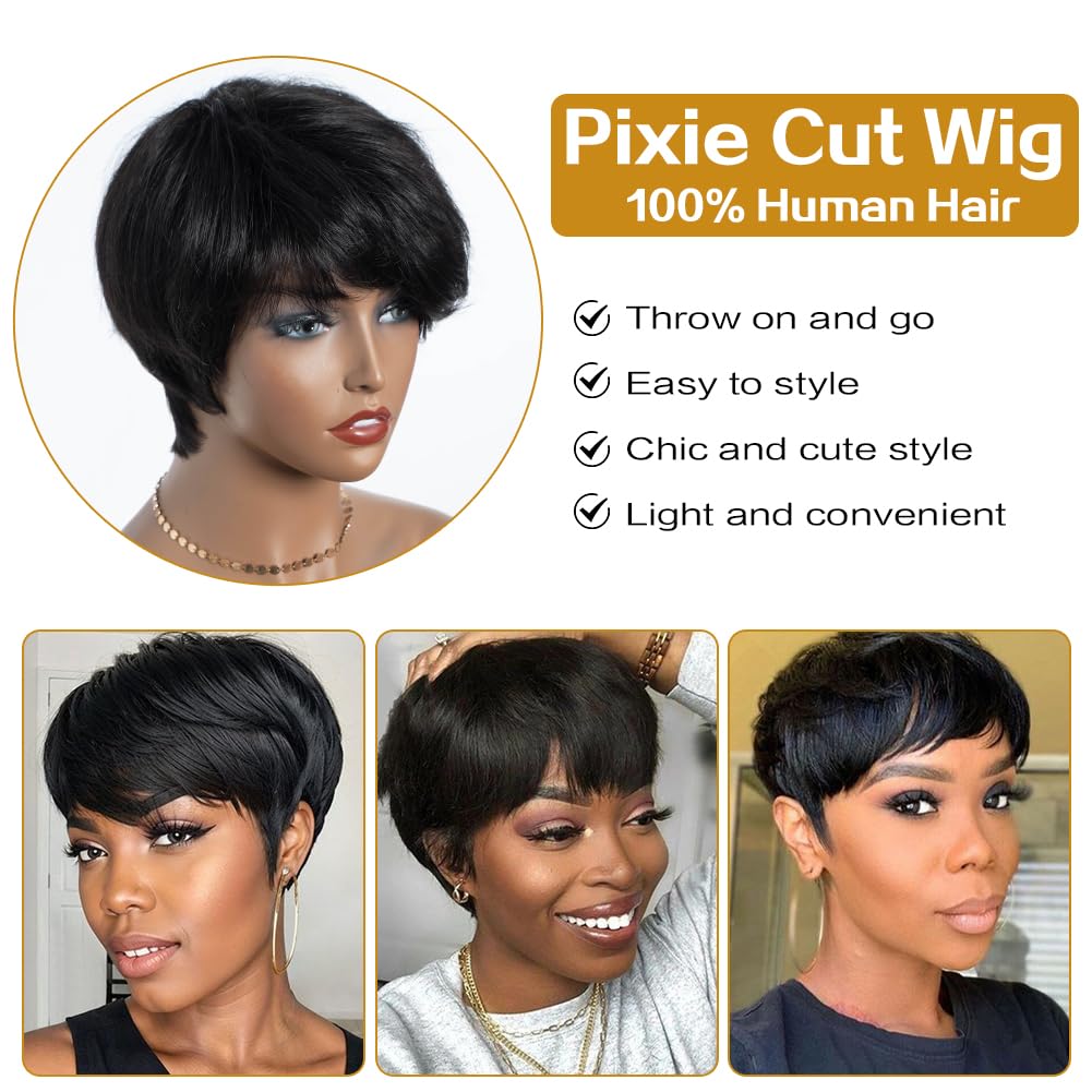 Joedir Human Hair Wig 8 Inch Short Pixie Cut Side Swept Bangs Layer, Glueless Amazon.com : JOEDIR HAIR Pixie Cut Wig Human Hair Short Wig  main image 2