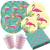 8 Pappbecher 0,2 l amscan 44-teiliges Party-Set Flamingo Paradise - Teller groß und klein, Becher Servietten für 8 Personen