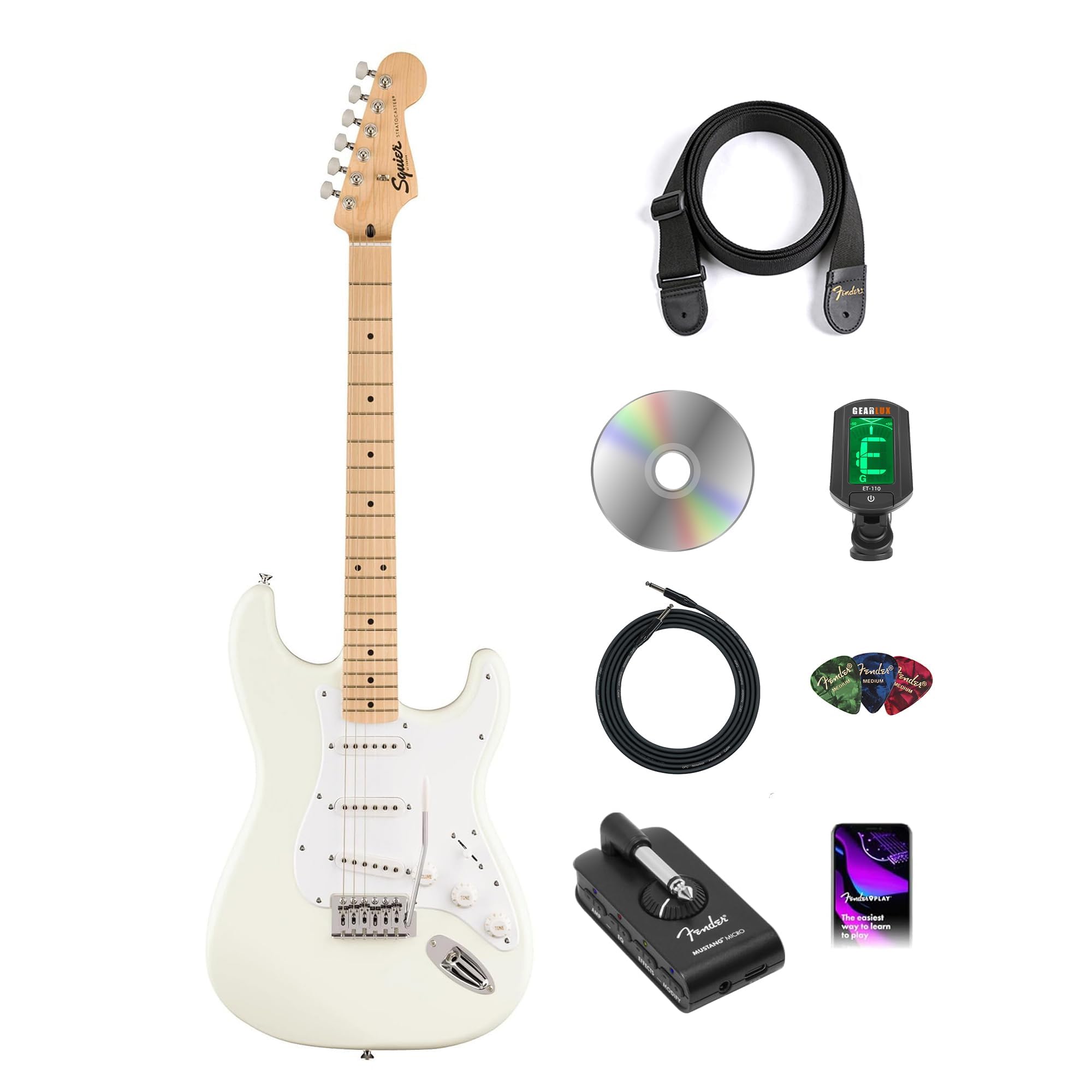 Fender Squier Sonic Stratocaster - Arctic White Bundle with Mustang Micro Headphone Amplifier, Cable, Tuner, Strap, Picks, and Austin Bazaar Instructional Video