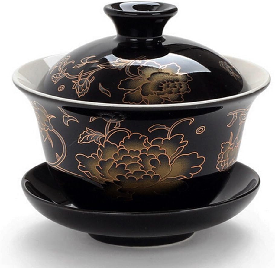 Moyishi Chinese Porcelain Gaiwan Black Peony Flower Tradition Sancai Tea Cup Tea Set Best Gift