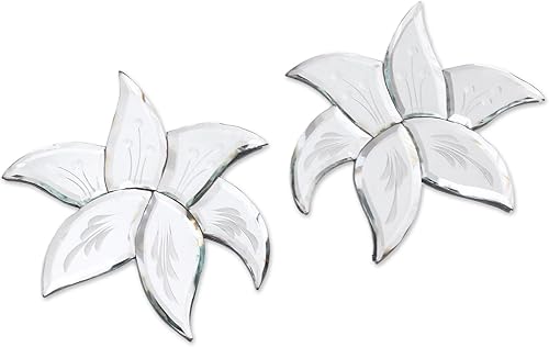 Miniatura 1 de NOVICA Espejos decorativos de pared de vidrio hechos a mano con motivo de hojas de Java, par de vidrio de madera transparente Indonesia y árbol 5.5