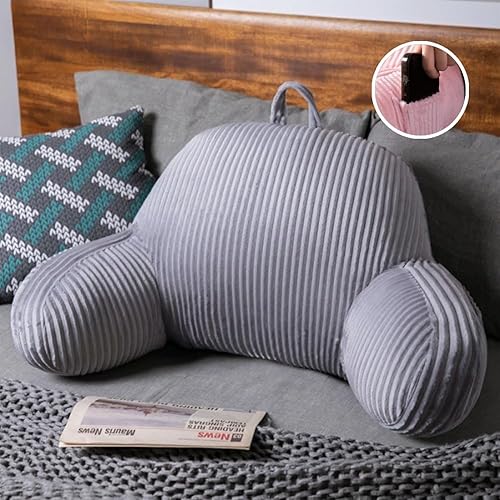 Miniatura 9 de Almohada de lectura para la cama para sentarse, almohada trasera de franela para la cama para sentarse con brazos y bolsillos y funda lavable