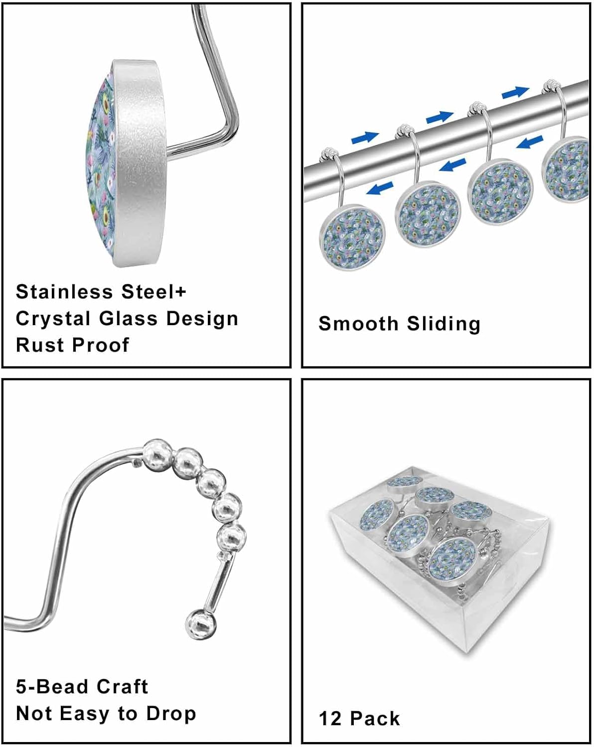 Shower Curtain Hooks 12 Pcs, Summer Tropical Palm Tree Blue Texture Stainless Steel Rust Proof Rolling Shower Curtain Rings, Decorative Shower Curtain Hooks Hangers for Bathroom