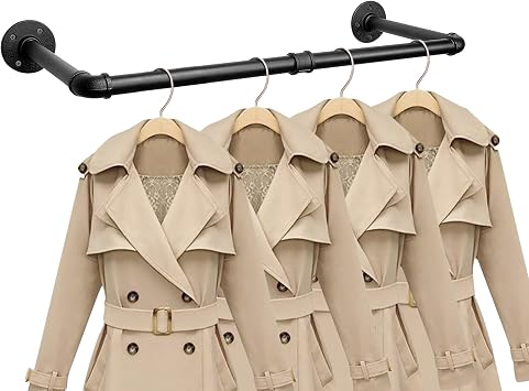 Industrial Iron Pipe Clothes Hanging Bar DIY Wall-Mounted Garment Rack Heavy Duty Clothing Rack for Bedroom, Laundry Room, Closet Storage Black 24 inch
