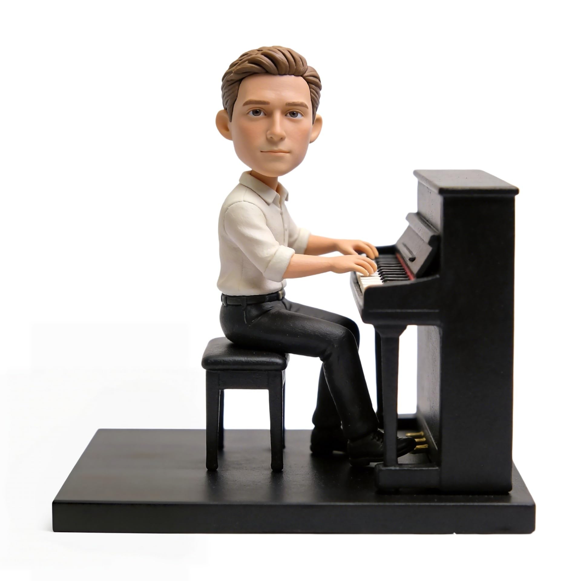 Personaggio personalizzato Pianist Bobblehead, statuetta 3D personalizzata da foto, bambola fatta a mano in argilla polimerica con mini pianoforte verticale, regalo per musicisti, decorazione per
