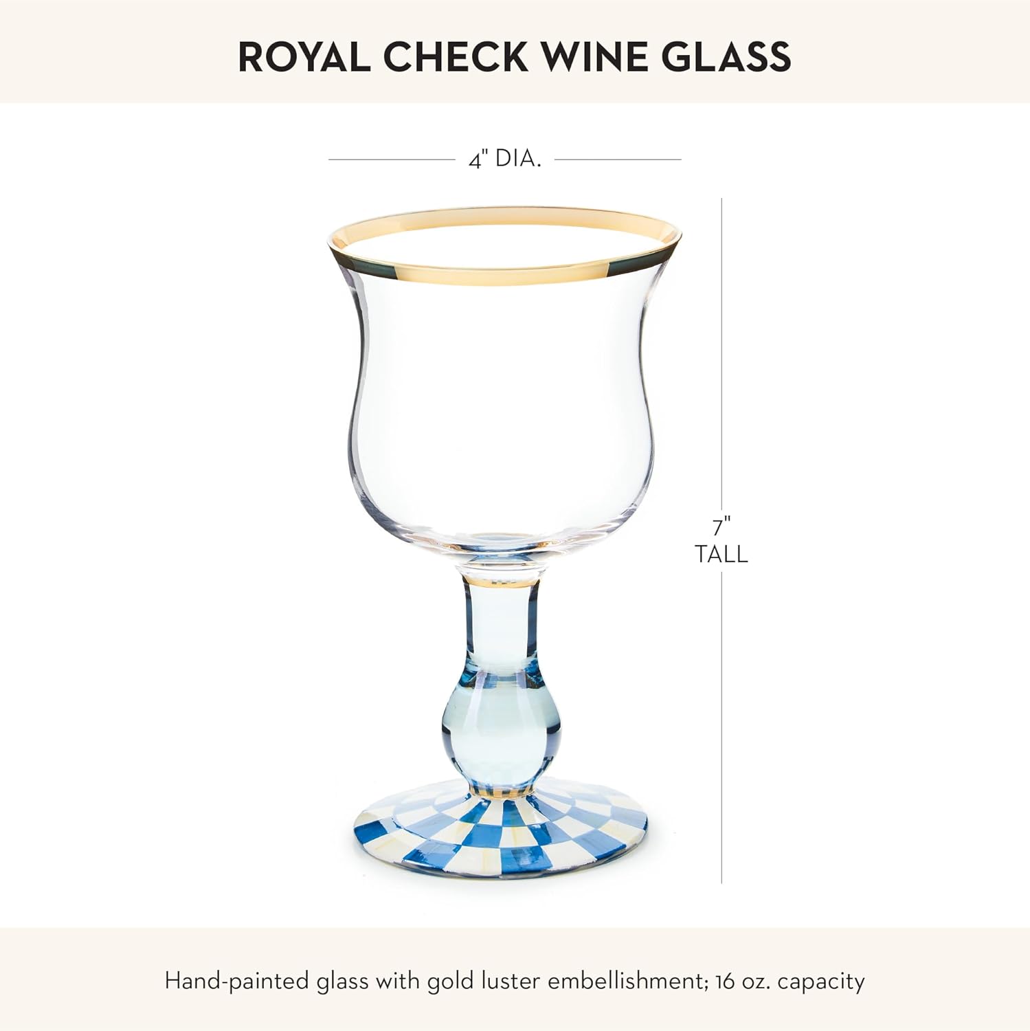 MACKENZIE-CHILDS Stemmed Wine Glass, Decorative Glassware, 16 Ounces, Blue-and-White Royal Check