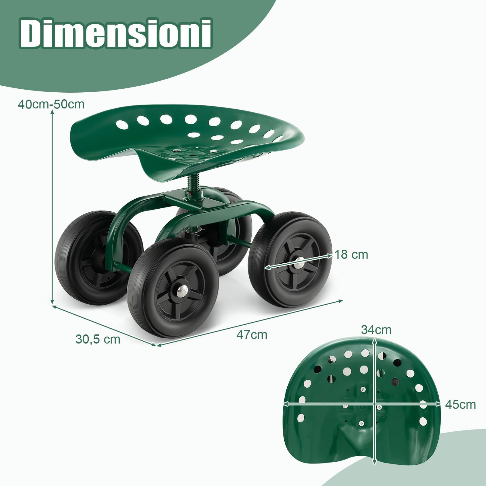 RELAX4LIFE Sgabello da Giardino con Ruote, Regolabile in Altezza, Sedia da Giardinaggio in Metallo, Portata 150 kg, per Giardino, Prato e Cortile