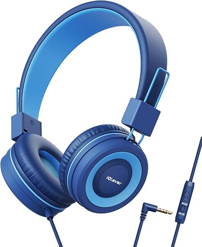 iClever HS14 Kids Wired Headphones, Light Blue, 85dB Volume Limiter, Stereo Sound, Built-in Mic, 3.5mm Audio Jack Compatible, 6.1 Ounces