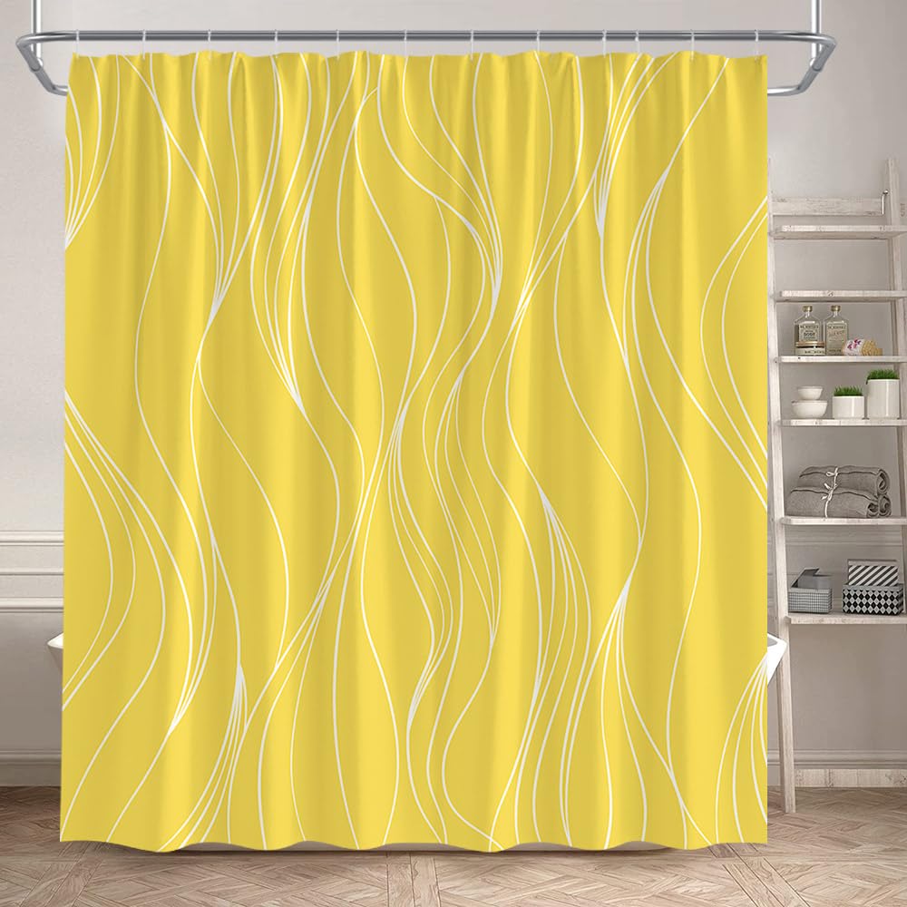 Cortina de Ducha 240 x 200 cm Amarilla con Ganchos, Diseño de Rayas Onduladas, Moderna, Impermeable, Estilo Hotel, 240 x 200 cm (1 Paneles)