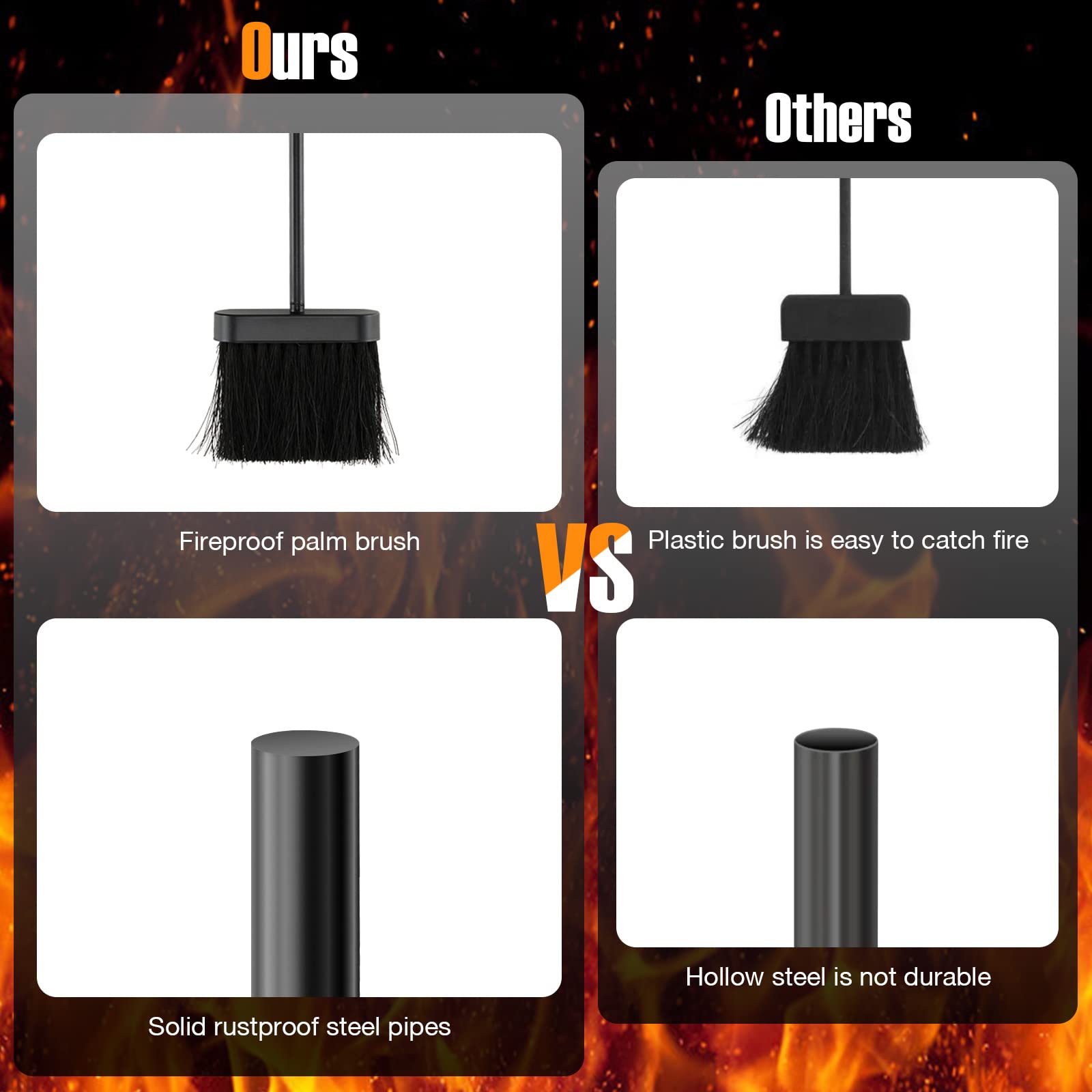 Juego de 5 piezas para chimenea de hierro forjado con soporte, pinzas, pala, cepillo y póquer, accesorios para estufa de carbón (natural + negro, 4 ganchos, base redonda)
