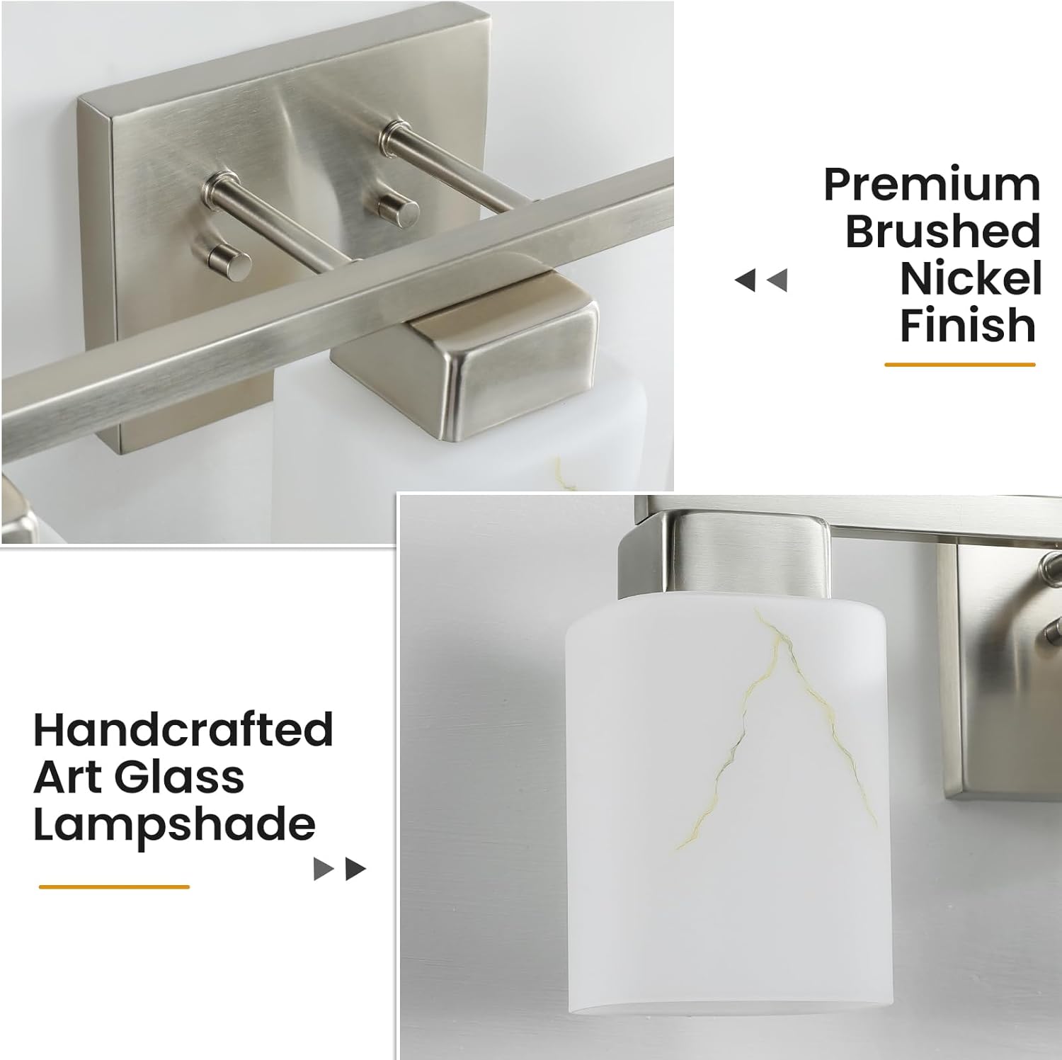 3-Light Square Bathroom Light Fixture, Brushed Nickel Modern Vanity Light with White Marble Glass Shade, for Bathroom Mirror, Living Room, Bedroom, Hallway, E26 Base