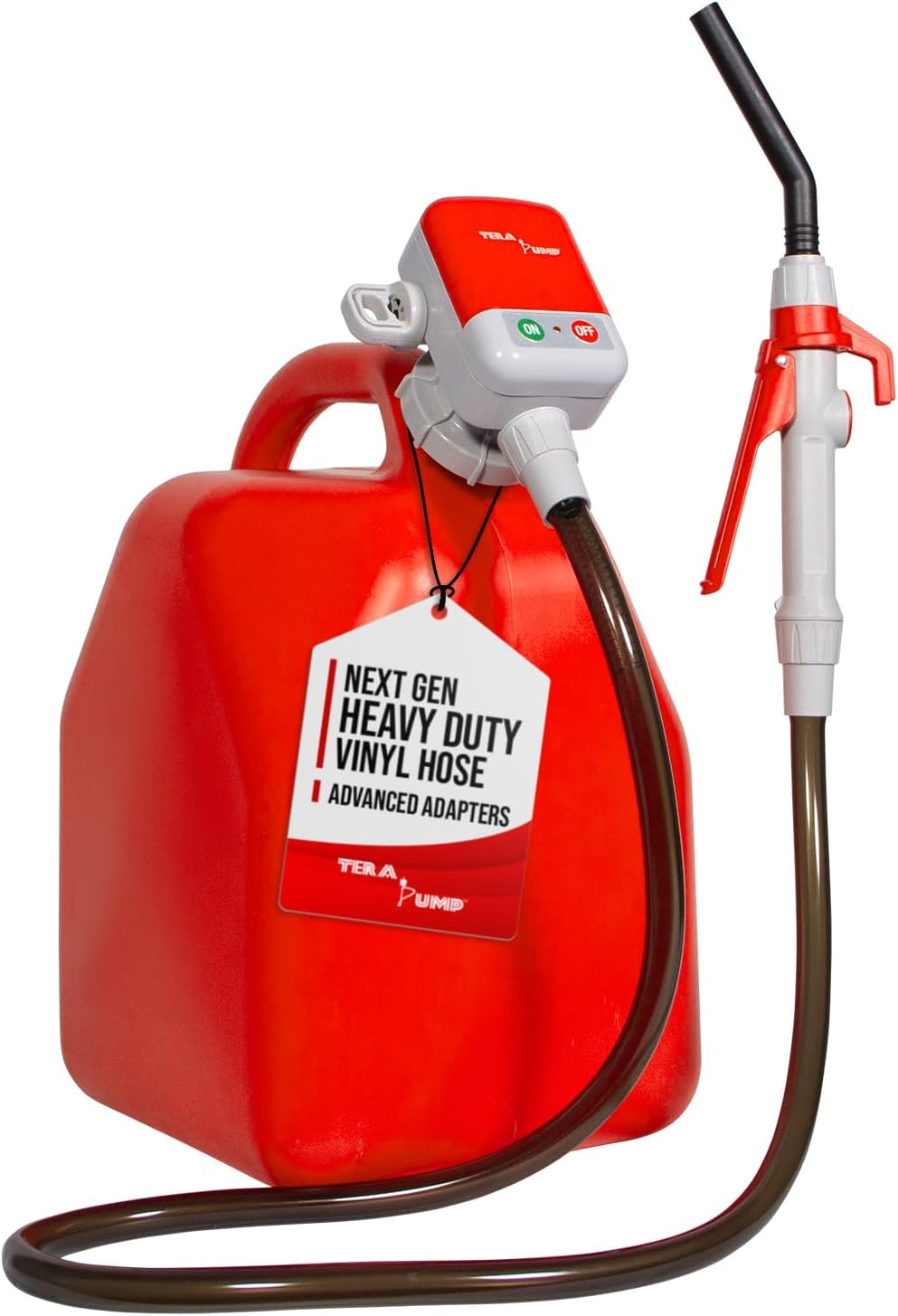 TERA PUMP - Flow Control Fuel Transfer Pump 2nd Gen. - Powerful Transfer at 2.5 GPM, Newly Upgraded with Universal Built-In Adapter, Durable Vinyl Hose for Gasoline, Diesel, E85, E15 & More