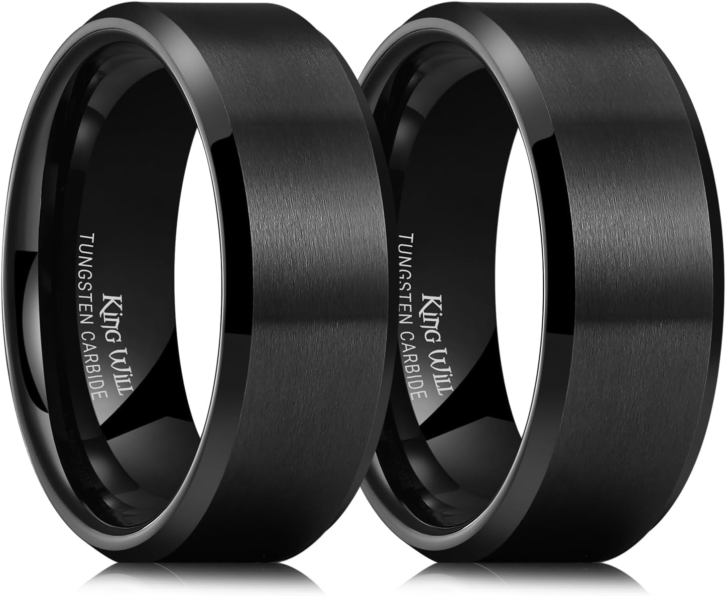 King Will Tungsten Men's Wedding Ring - Available in 6mm to 10mm, Black/Silver, Matte Finish, Beveled Polished Edge, Comfort Fit