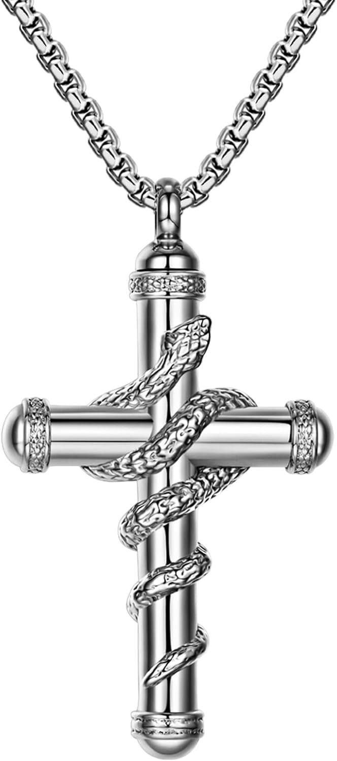 OIDEA Snake Cross Urn Necklaces for Ashes: Men Women Openable Stash Necklace with Spoon Ashes Necklace Memorial Keepsake Cremation Jewelry for Human Ashes