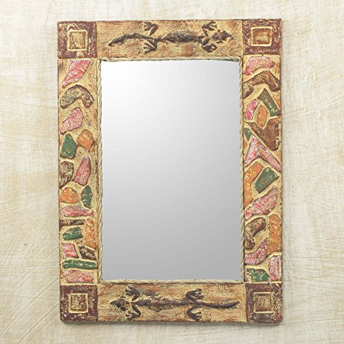 Novica Rustic Painted Wood Wall Mounted Rectangular Mirror, African Lizards' #TOP1