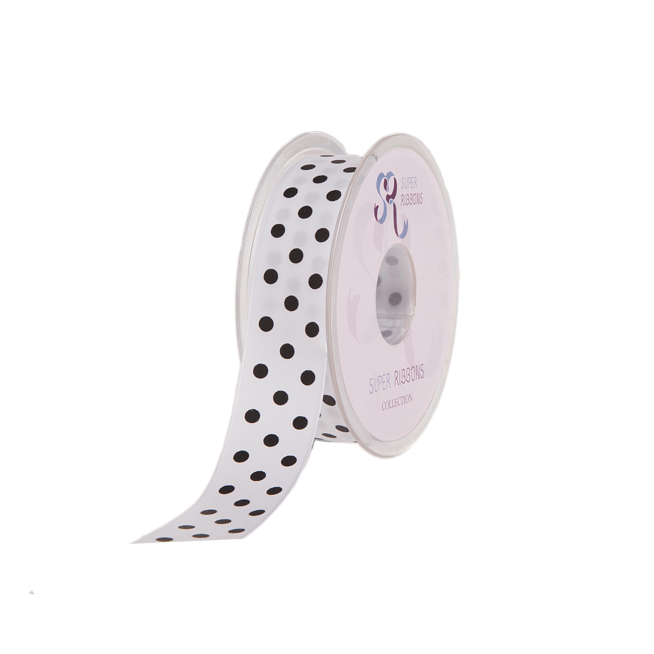 SUPER RIBBONS®™ Full Reel 25mm Polka Dot/Spotty Satin Ribbon, 20 Metres on Reel- White - Black Spots