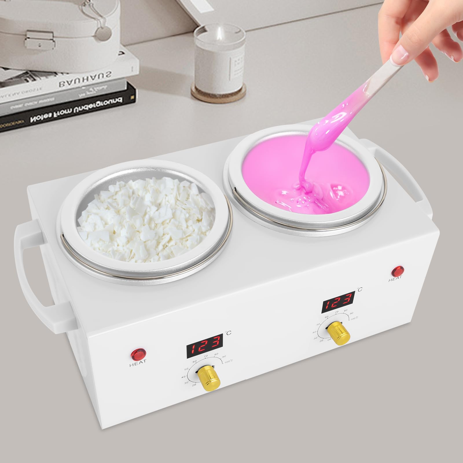 Doppeltopf Wachswärmer Waxing Set, Professionelles Waxing Maschine für die Haarentfernung zu Hause 240V Wachserhitzer, Präzise Temperaturregelung (20-120℃), 0.16 Gallonen/Topf, Weiß