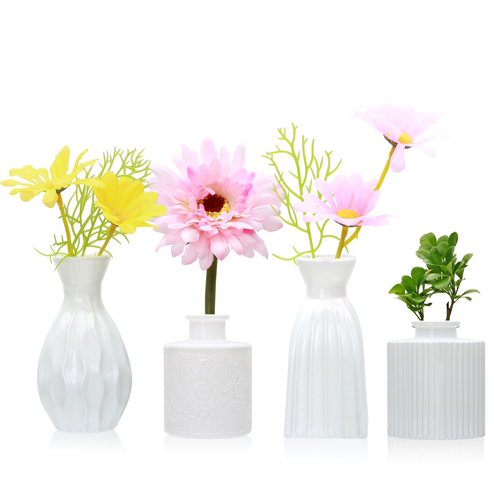 MapoxyGlass Bud Vases Set of 4,Small White Flower Vases for Wedding Centerpiece Table Decorations,Clear Vintage Embossed Mini Vases,Flower Arrangements in Vases for Party or Home Decor