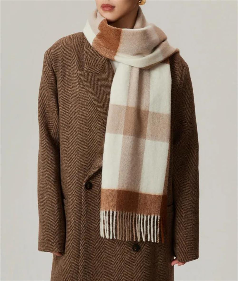 Vsadsau Women 100% Wool Plaid Scarf Cold Weather Thick Warm Tassel Fringed Wrap Scarves
