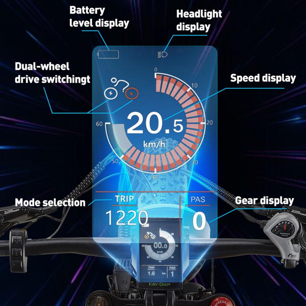 Digital display showing battery level, headlight, speed, mode selection, trip, and gear