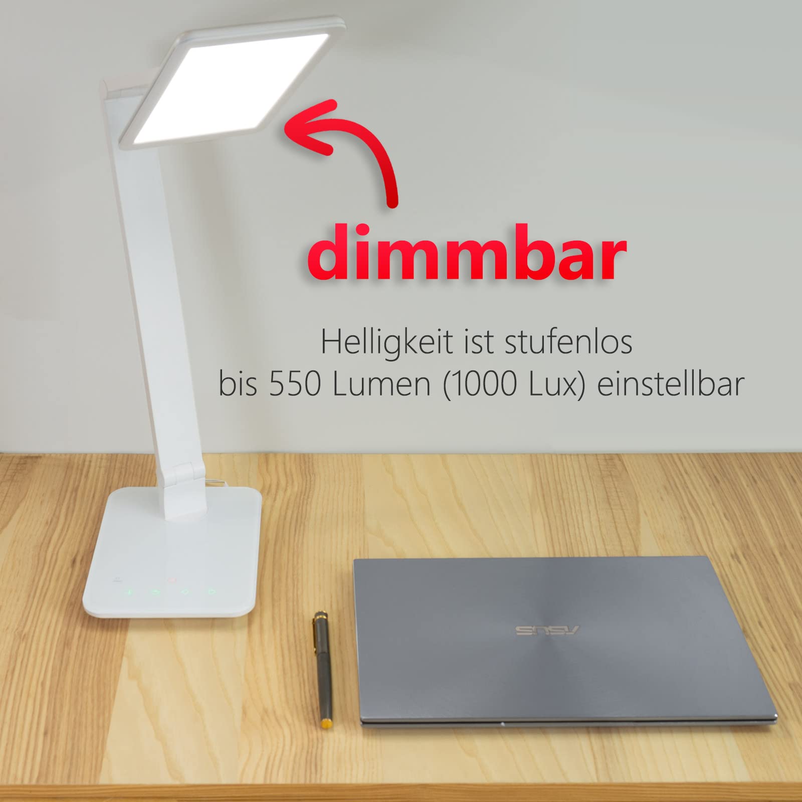 FeinTech LTL00100 LED Schreibtisch-Lampe Lichtfarbe warmweiß bis kaltweiß dimmbar 550 lm, Aluminium, ABS-Kunststoff, Acrylglas, weiß, 37 x 15 x 43.5 cm