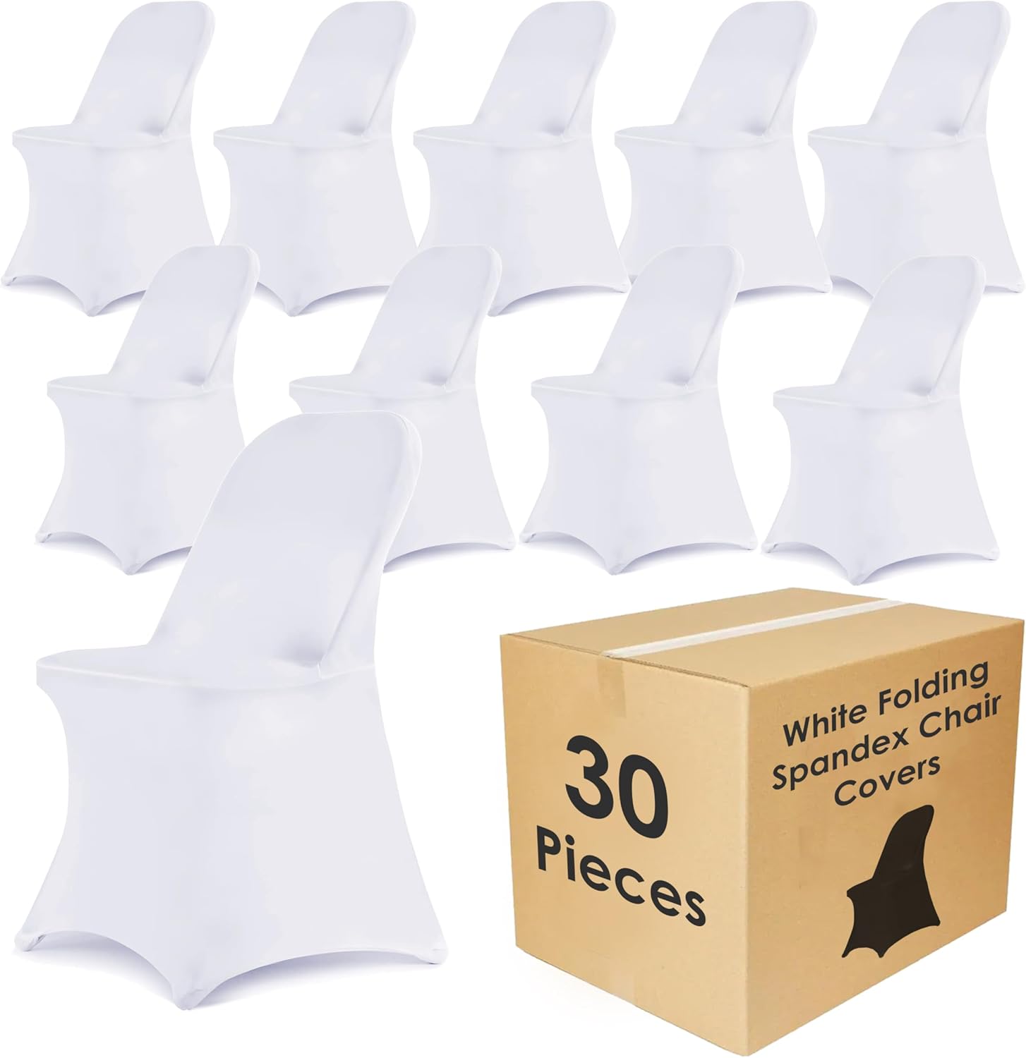 Craft And Party 30 Pack White Spandex Folding Chair Covers, Stretch Polyester Slipcovers for Wedding, Party & Dining Chairs – Flat Front Design, Universal Fit Folding Chair Covers White - 30pcs