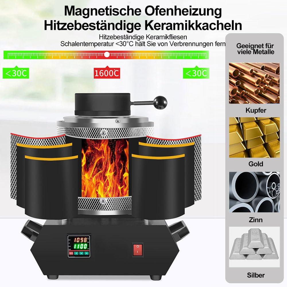 Goldschmelzofen, 1800W 1150°C Elektrischer Digitaler Schmelzofen mit Schutznetz und 3kg Graphit-Tiegel zum Schmelzen von Gold, Silber, Kupfer, Aluminium