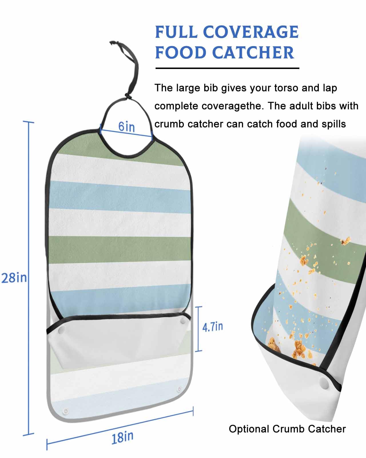LEOKOTI Sage Green Blue Striped Adult Bibs for Eating, Waterproof Bibs with Food Catcher & Adjustable Snap Closure, Farmhouse Sage Green Stripes Washable Clothing Protectors Adult Bibs for Elderly