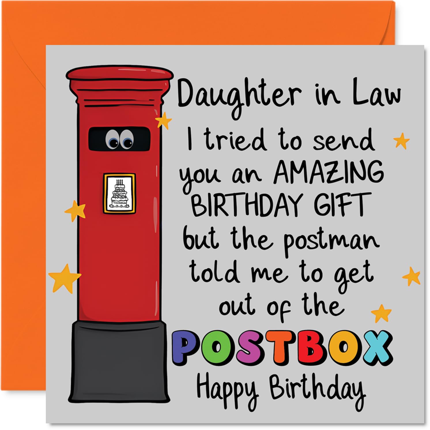 Funny Birthday Card for Daughter in Law - Postbox Giggles - Cartoon Postbox with Googly Eyes and Rainbow Stars - 145mm Square, Envelope Included