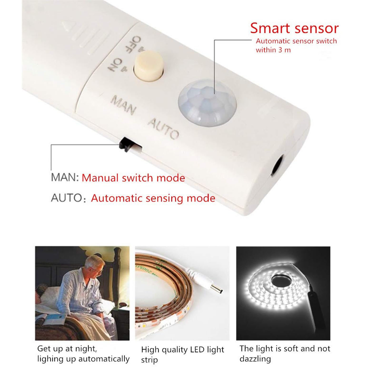 Batteriekasten-Sensor-Lichtleiste, Bewegungssensor-LED-Lampenstreifen, Intelligentes Nachtlicht, Aktiviert for Den Raum(White)