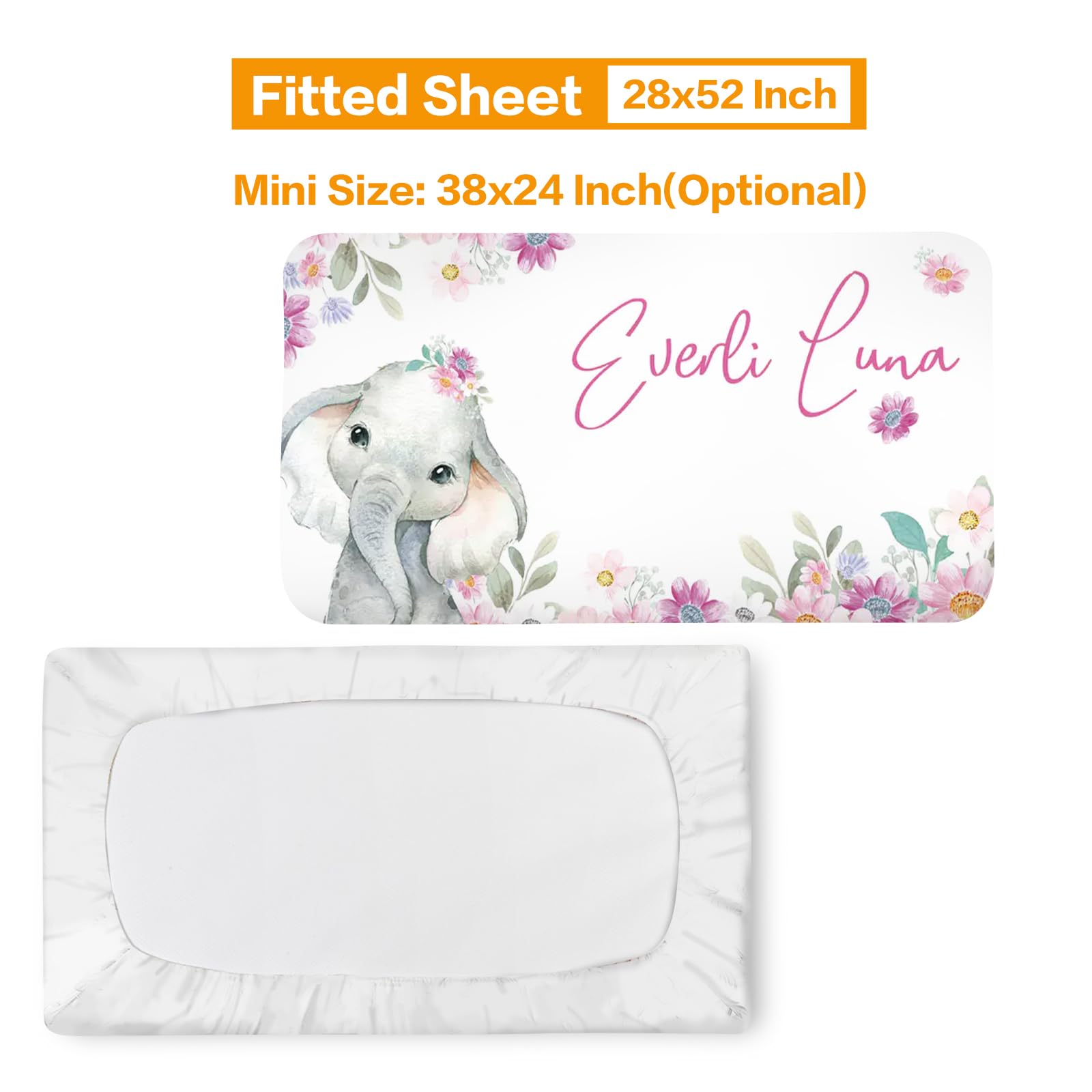 Duckbe Personalized Baby Crib Bedding Set: Custom Baby Girl Crib Bedding Set Nursery Blanket Crib Sheet Changing Pad Cover Watercolor Elephant Bedding