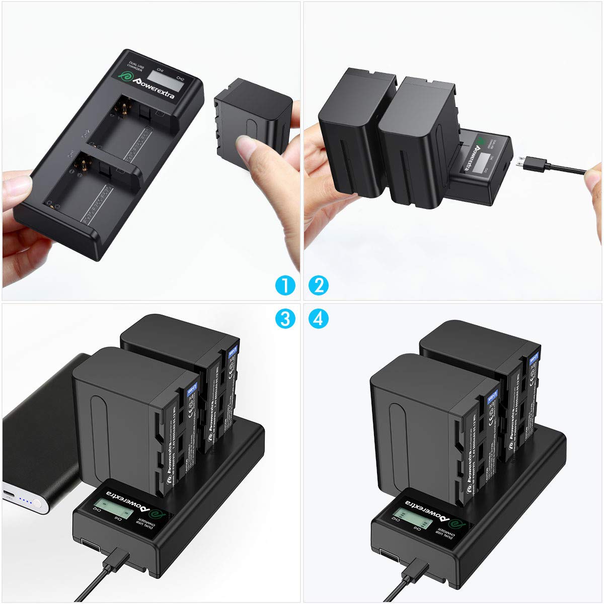 Powerextra 2 Baterías Reemplazo NP-F970 NP-F960 NP-F930 NP-F950 Cámara con Cargador 8800mAh DCR-VX2100 DSR-PD150 DSR-PD170 FDR-AX1 HDR-AX2000 HDR-FX1 HDR-FX7 HDR-FX1000 HVL-LBPB