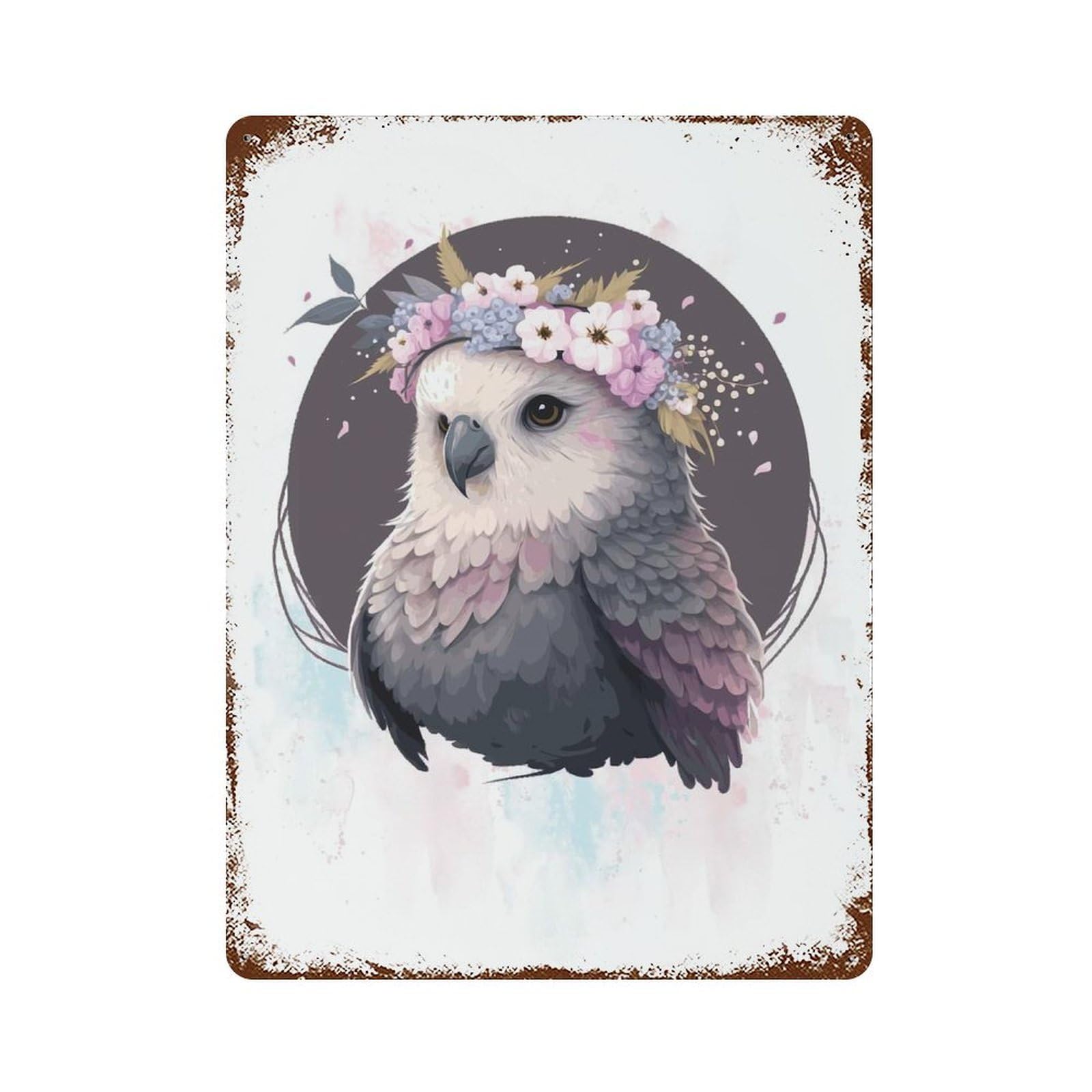 Floral Watercolor Budgie 15.7"x11.8" Distressed Metal Wall Sign, Shabby Chic Decor for Shed, Workshop And Garage Wall Decor